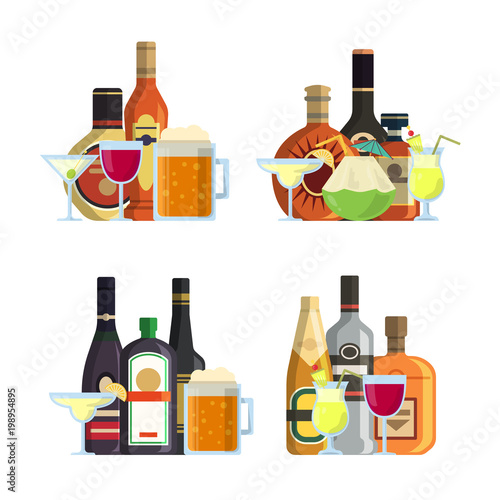 Vector piles of alcoholic drinks in glasses and bottles in flat style set