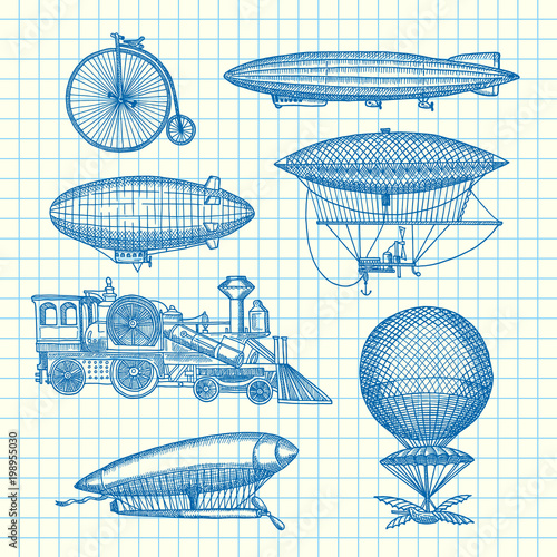 Vector set of steampunk hand drawn dirigibles, bicycles and cars on cell sheet illustration