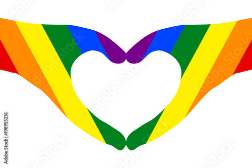 Hands in heart shape on white (transparent) background, painted rainbow color, symbol of LGBT / GLBT / LGBTQ pride flag, or lesbian, gay, bisexual, transgender, queer/questioning. Vector illustration.