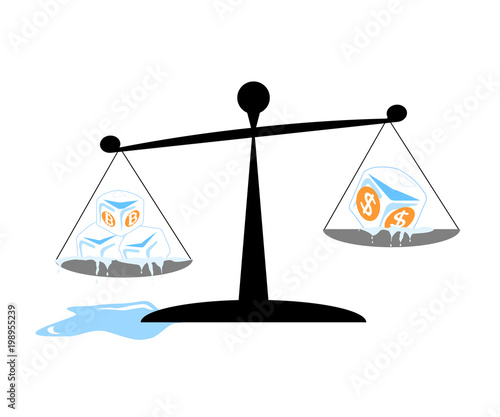 Currency instability in business concept. Melting ice cubes (Bitcoin, Dollars signs) on balance weight scale (black and gray colors), isolated on white (transparent) background. Vector illustration.