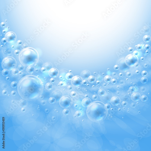 Bubbles. The flow of air bubbles in the water. Realistic transparent soap like frame on blue background circling in a circle. Bubbles is a transparent objects. Vector illustration.