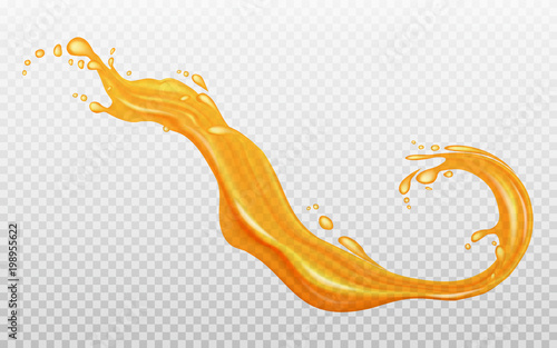 Transparent orange liquid splash. Juice background. Water, honey, oil, juice, beer, shampoo. Elements for your design. Vector illustration. 