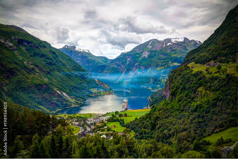 Aerial panorama view to Geiranger fjord and Trollstigen, Norway