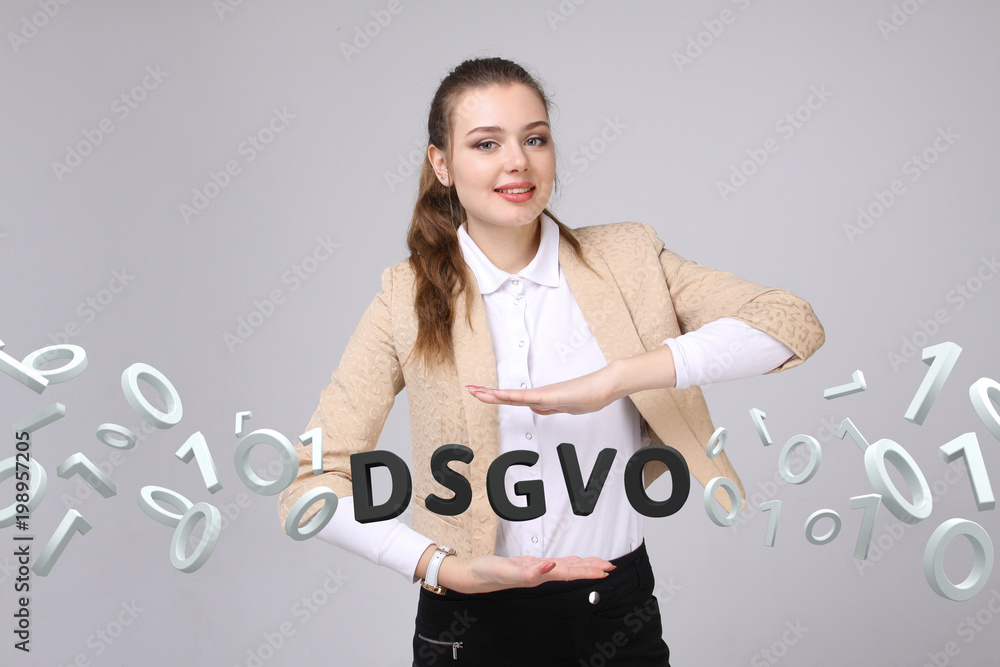 DSGVO, german version of GDPR, concept image. General Data Protection Regulation, protection of personal data. Young woman working with information. Datenschutz-Grundverordnung. DSGVO, german version of GDPR, concept image. General Data Protection Regulation, protection of personal data. Young woman working with information. Datenschutz-Grundverordnung.