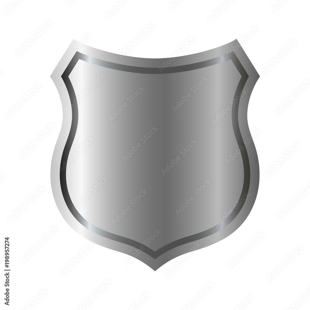 Silver shield shape icon. 3D gray emblem sign isolated on white background. Symbol of security, power, protection. Badge shape shield graphic design. Vector illustration Silver shield shape icon. 3D gray emblem sign isolated on white background. Symbol of security, power, protection. Badge shape shield graphic design. Vector illustration