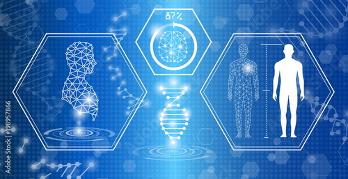 abstract background technology concept in blue light,brain and human body heal ,technology modern medical science in future and global international medical with tests analysis clone DNA human