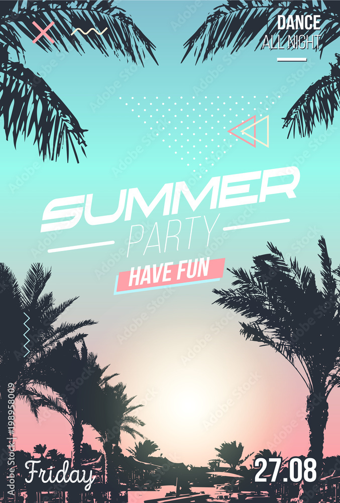 Obraz premium Modern summer poster for party in retro style. Palm trees silhouette and sunset. Tropical poster for summer events.