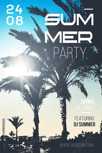 .Summer party poster with palm trees and sunshine. Modern design template for summer posters or invitations. Vintage poster design for beach party with tropical trees. Vector illustration
