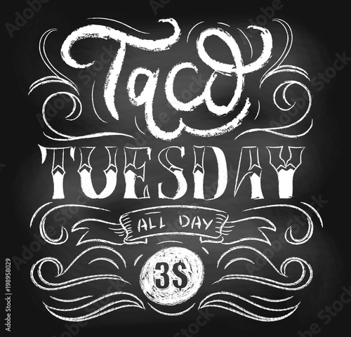 Taco tuesday chalkboard vector poster with lettering and flourishes. Retro tacos advertising for flyers, prints, banners etc. Tacos vintage template for mexican cafe or restaurant with chalk effect.