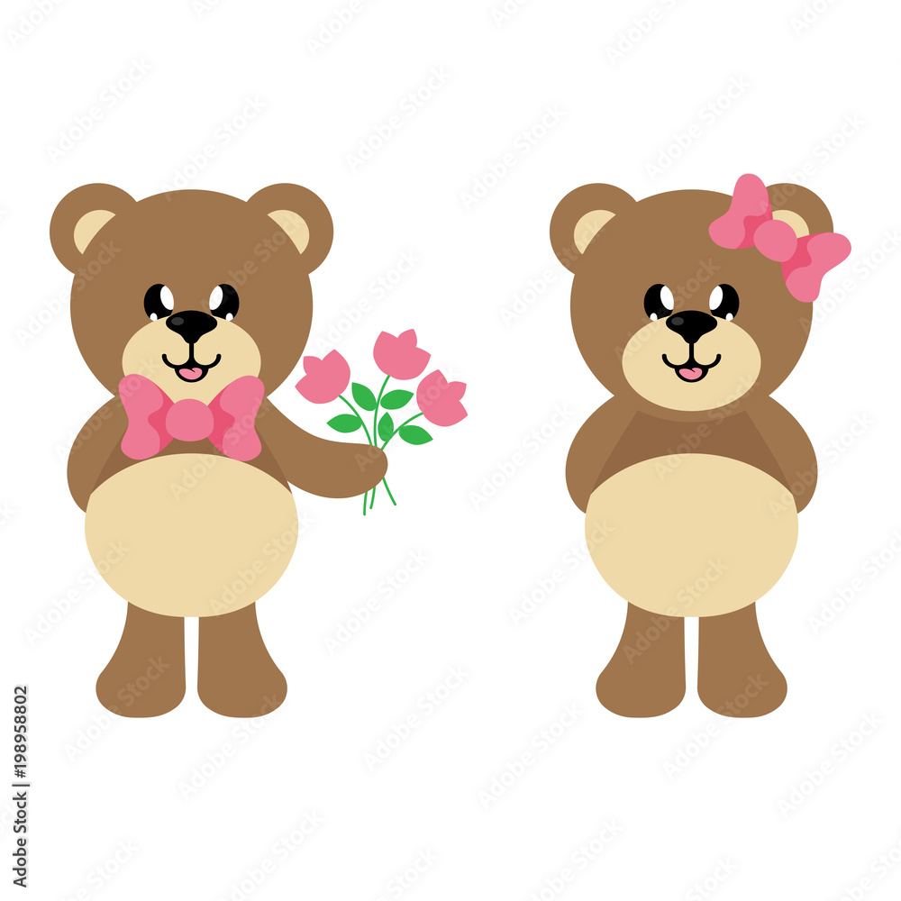 cartoon bear with tie with flowers and bear girl