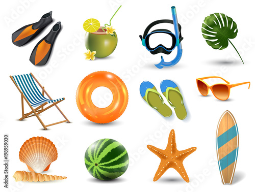 vector illustration of Realistic summer holidays seaside beach icons set isolated