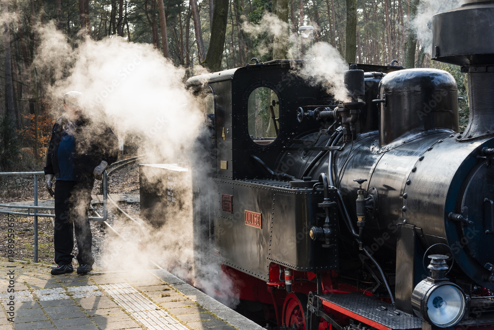 Dampflok im Winter, Kleine Dampflokomotive mit weißem Rauch