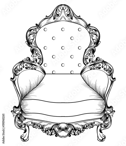 Baroque armchair with luxurious ornaments. Vector French Luxury rich intricate structure. Victorian Royal Style decors