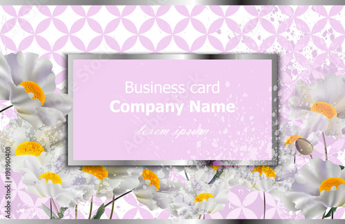Business card with white chamomile flowers. Vector realistic floral decor, 3d...