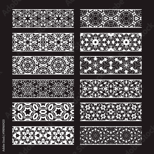 Patterned elements for vector brushes creating. Borders templates kit for frames design and page decorations.