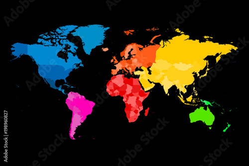 Colorful map of World. Vector political map with different colors of each continent.