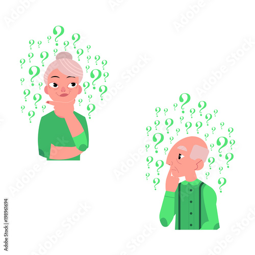 Vector flat old caucasian elderly grey-haired woman, man in casual green clothing standing in thoughtful pose holding chin thinking with questions above head portrait. Isolated background illustration