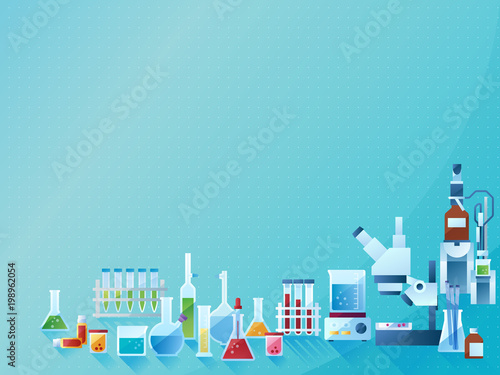 Medicine laboratory concept background with equipment and bottles. Color vector illustration in modern flat design