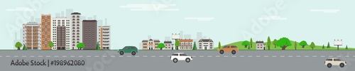 City skyline with skyscrapers, public park with green trees and lawn and road with vehicles on blue sky background with clouds in flat style. Colorful horizontal cityscape. Vector illustration.