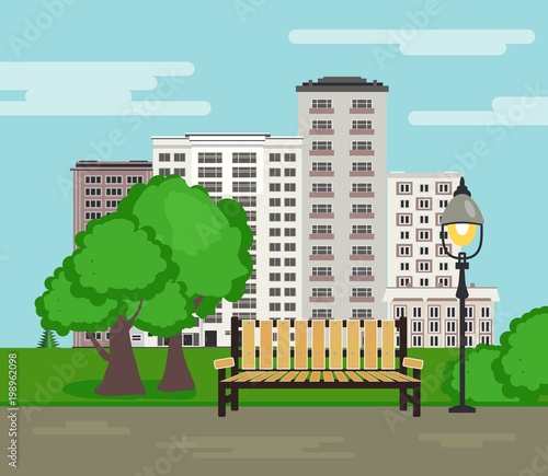 Public park on city landscape background with wooden bench, standing street lamppost with one lamp, green trees and bushes in flat style. City skyline with multistorey buildings. Vector illustration.