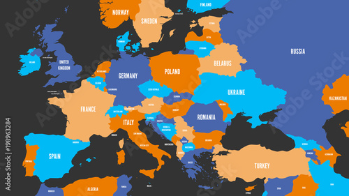 Political map of Europe continent in four colors with white country name labels. Vector illustration.