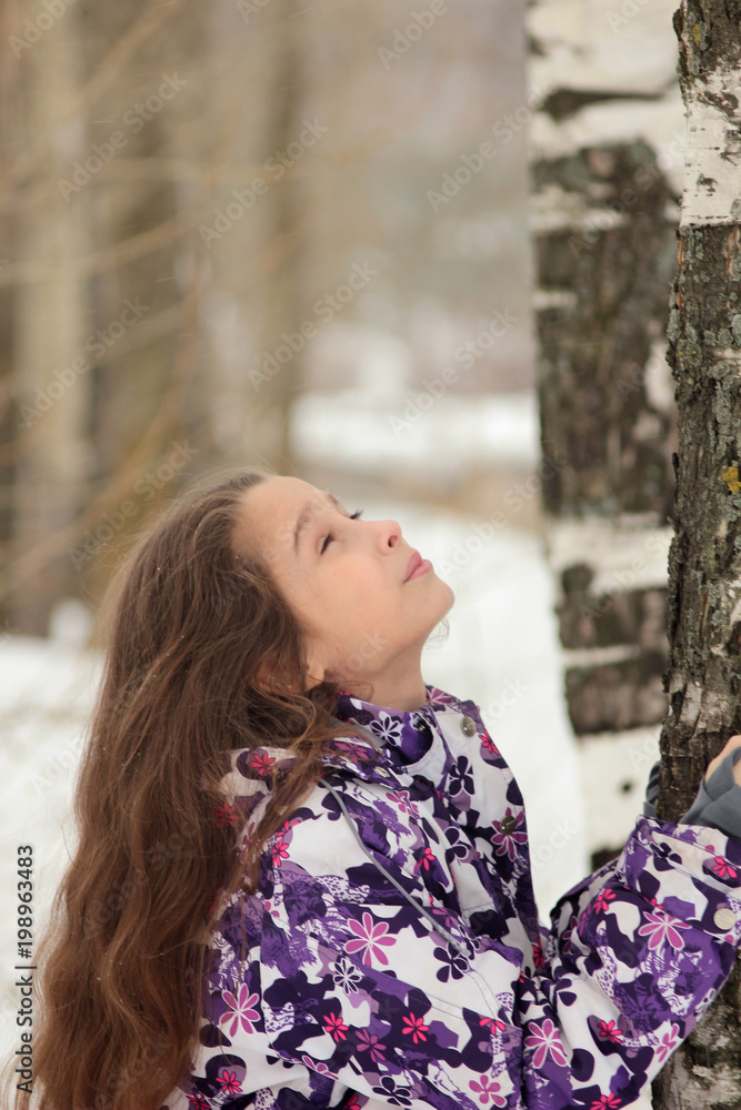 Fototapeta premium young girl with long hair in the winter forest near the birch