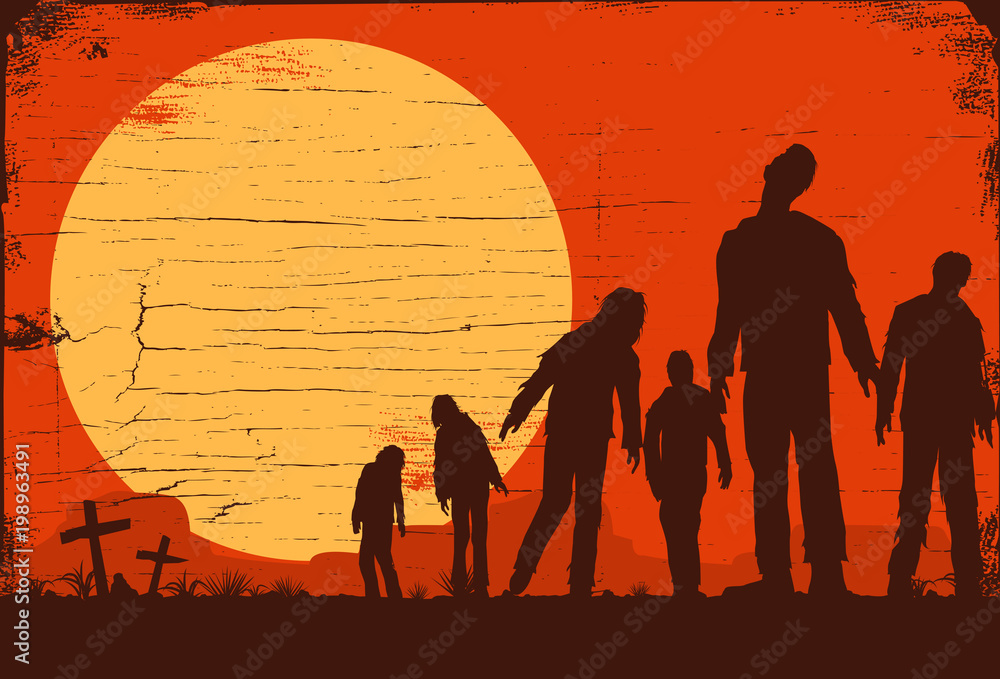 Fototapeta premium Silhouette of zombies walking at graveyard, Vector Illustration