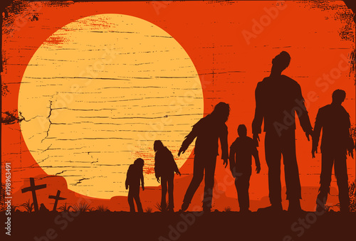 Silhouette of zombies walking at graveyard, Vector Illustration