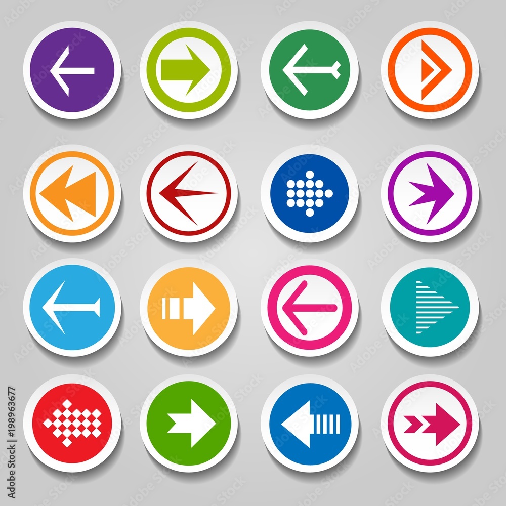 Arrow labels or stickers. Vectors round symbols next and back navigation arrow vector round designelements Arrow labels or stickers. Vectors round symbols next and back navigation arrow vector round designelements