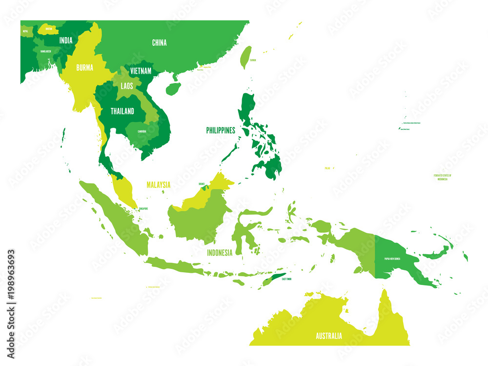 Map of Southeast Asia. Vector map in shades of green.