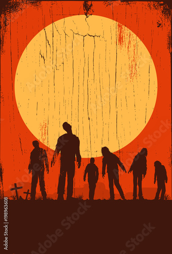Silhouette of zombies walking at graveyard, Vector Illustration