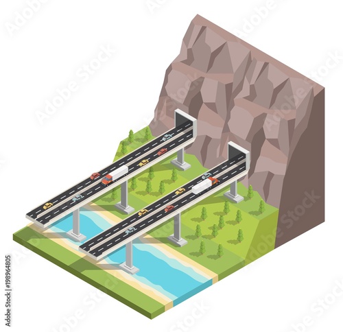 Isometric bridge and mountain, cars and truck above river