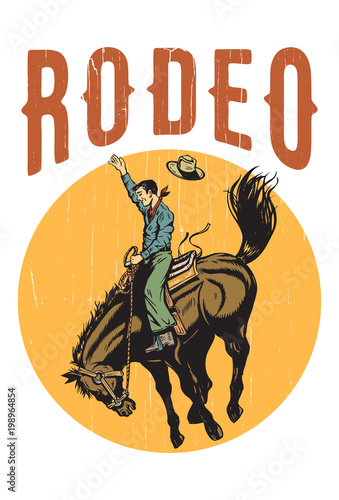  Drawing of a cowboy riding a wild horse at sunset, vector