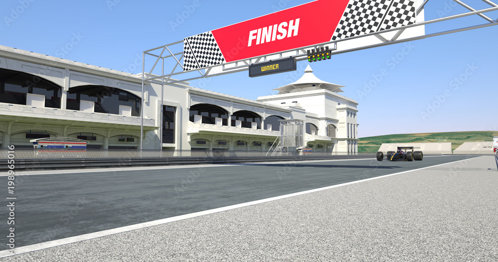 Racing Car Crossing Finish Line On Racing Track - High Quality 3D Rendering With Environment