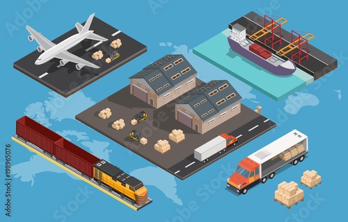 Logistics low poly isometric illustration with transportation process global network.