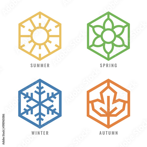 four season Hexagon icon  with sun sign for summer flower sign for spring snow sign for winter and Maple leaf for autumn vector design
