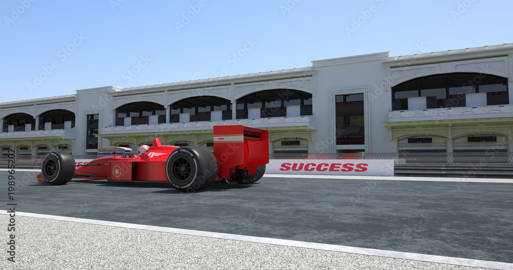 Red Racing Car Crossing Finish Line On Racing Track - High Quality 3D Rendering With Environment