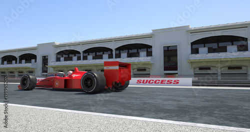 Red Racing Car Crossing Finish Line On Racing Track - High Quality 3D Rendering With Environment