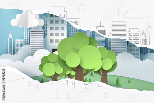 Ripped 2D hand drawing of tree and town paper