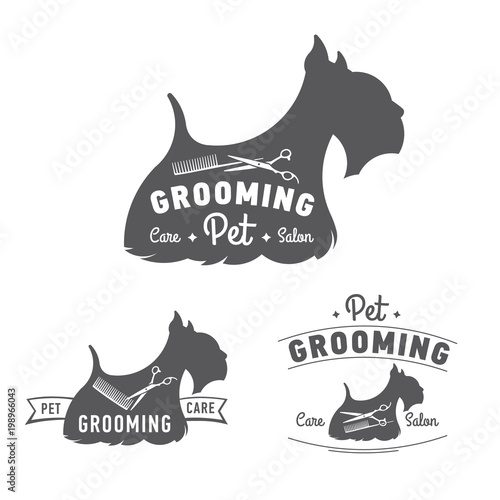 Grooming logo set. Scottish terrier icon. Vector