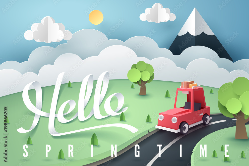 Paper art of red car stop at country road near forest and mountain with Hello Spring calligraphy hand lettering Paper art of red car stop at country road near forest and mountain with Hello Spring calligraphy hand lettering