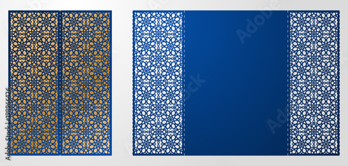 Laser cut ornamental vector template. Luxury Greeting card, envelope or wedding invitation card template. Die cut paper gate fold card with openwork ornament.