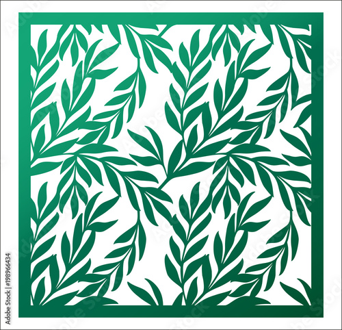 Laser cutting square panel. Openwork natural pattern with branches and leaves.Vector design template for paper cutting, wood, metal and woodcut.
