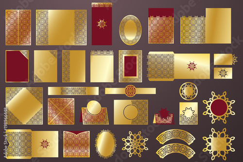Collection of laser cut vector template. Wedding cards, invitation, menu, bellyband, RSVP, table Number, Name, Place Card, Cupcake wrappers.