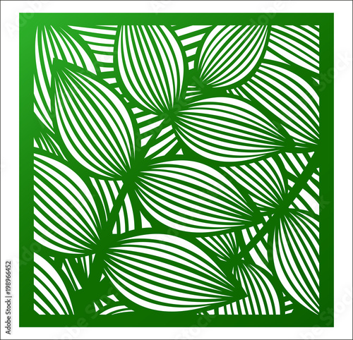 Laser cutting square panel. Openwork floral pattern with tropical leaves. Perfect for gift box silhouette ornament