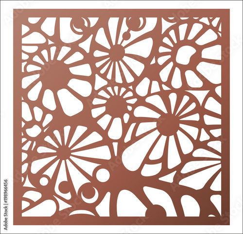 Laser cutting square panel. Openwork floral pattern with mandala. Perfect for gift box silhouette ornament, coaster.
