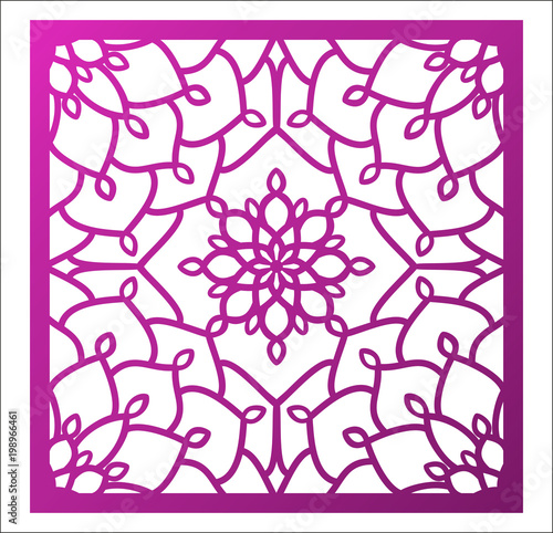 Laser cutting square panel. Openwork floral pattern with mandala. Perfect for gift box silhouette ornament, wall art, screen, panel fence, partition, gate  or coaster.