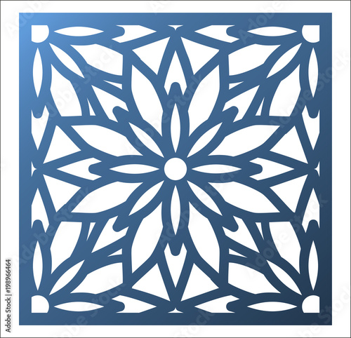 Laser cutting square panel. Openwork floral pattern with mandala. Perfect for gift box silhouette ornament, wall art, screen, panel fence, partition, gate  or coaster.