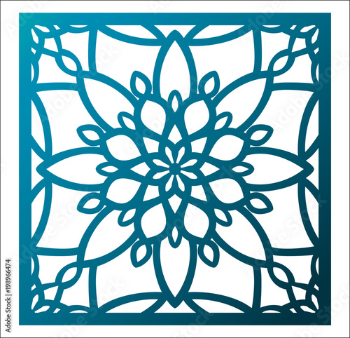 Laser cutting square panel. Openwork floral pattern with mandala. Perfect for gift box silhouette ornament, wall art, screen, panel fence, partition, gate  or coaster.