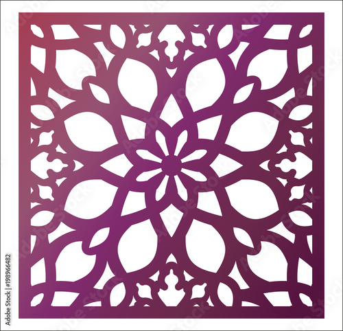 Laser cutting square panel. Openwork floral pattern with mandala. Perfect for gift box silhouette ornament, wall art, screen, panel fence, partition, gate  or coaster.